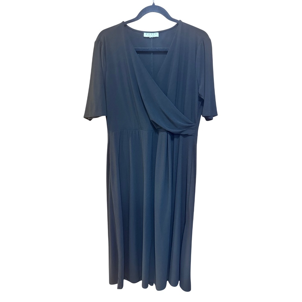 Chaus New York Womens Black Surplice Wrap V-Neck Short Sleeve Midi Dress Large